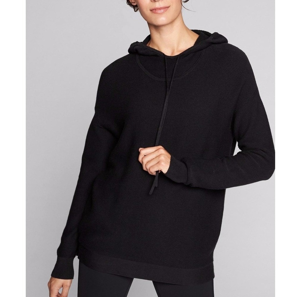 Athleta Black Textured Oversized Knit Hoodie Sweater Pullover Long Sleeve XXS